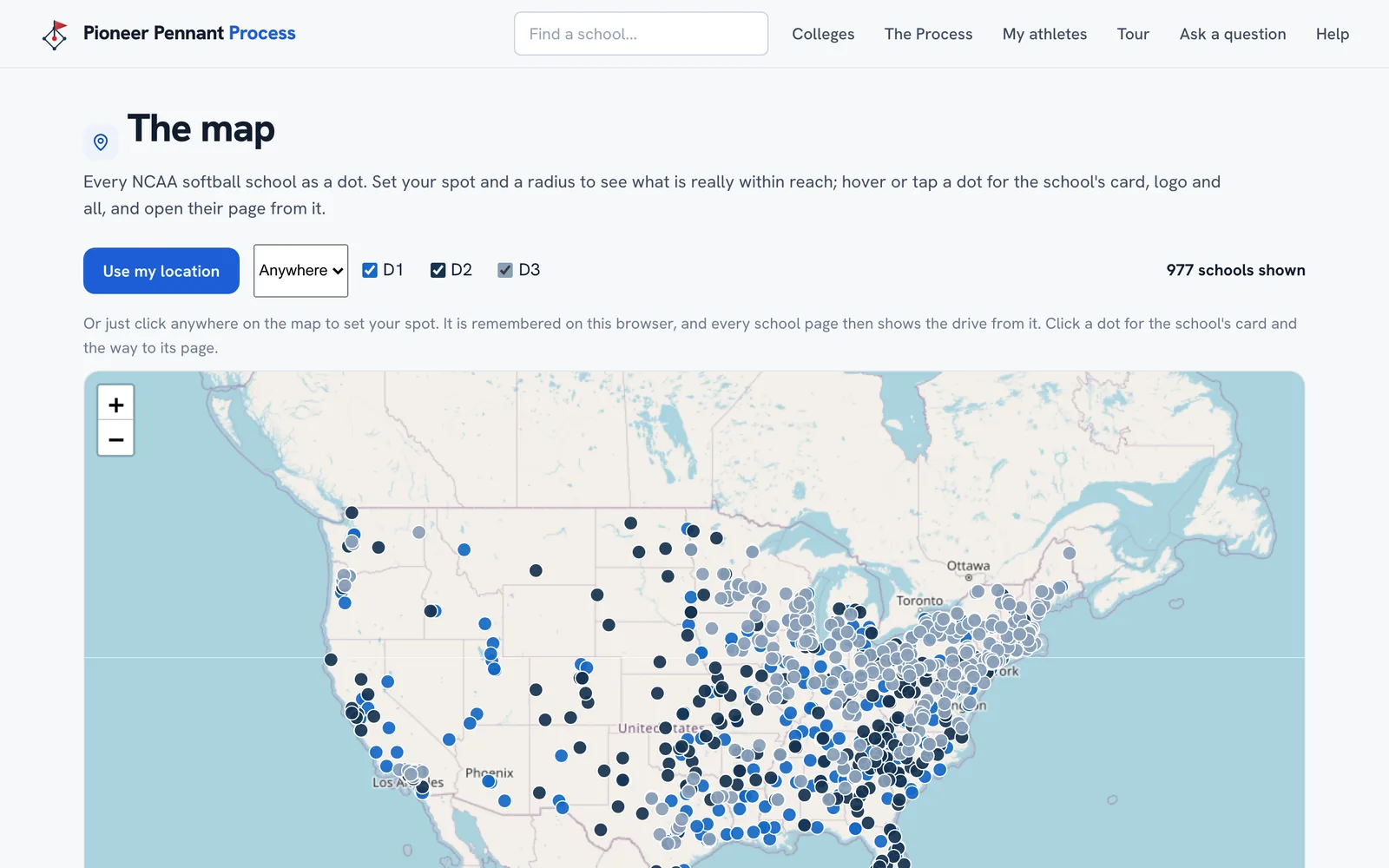 A map of the United States with a dot for each NCAA softball school, colored by division.