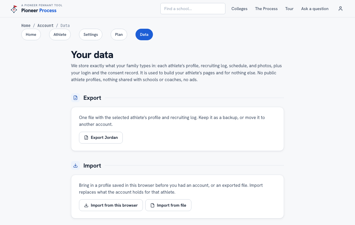 Your data: export, import, delete in Pioneer Pennant Process