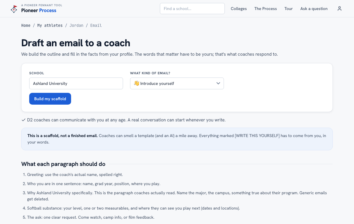 Draft an email to a coach in Pioneer Pennant Process