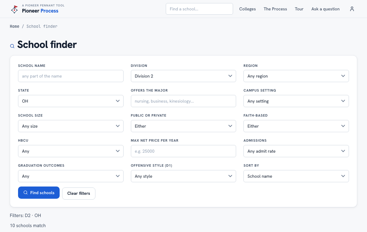 The school finder in Pioneer Pennant Process