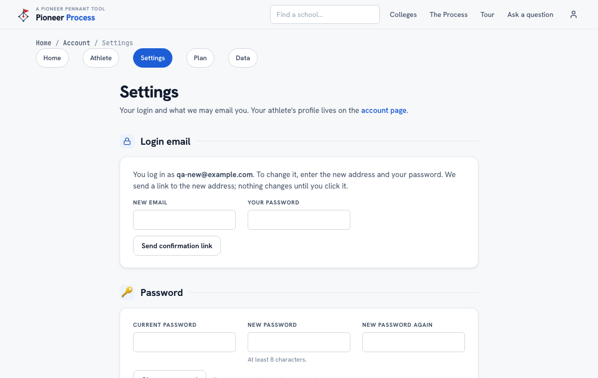 Password, login email, and devices in Pioneer Pennant Process