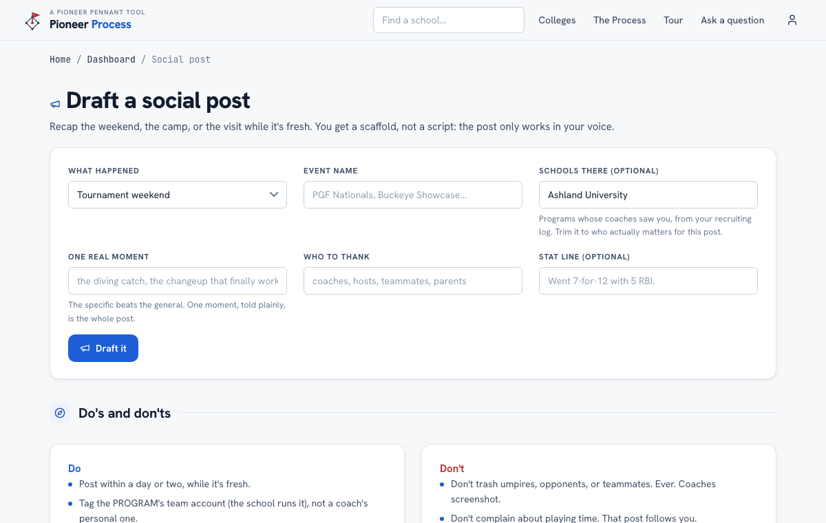 Draft a social post in Pioneer Pennant Process