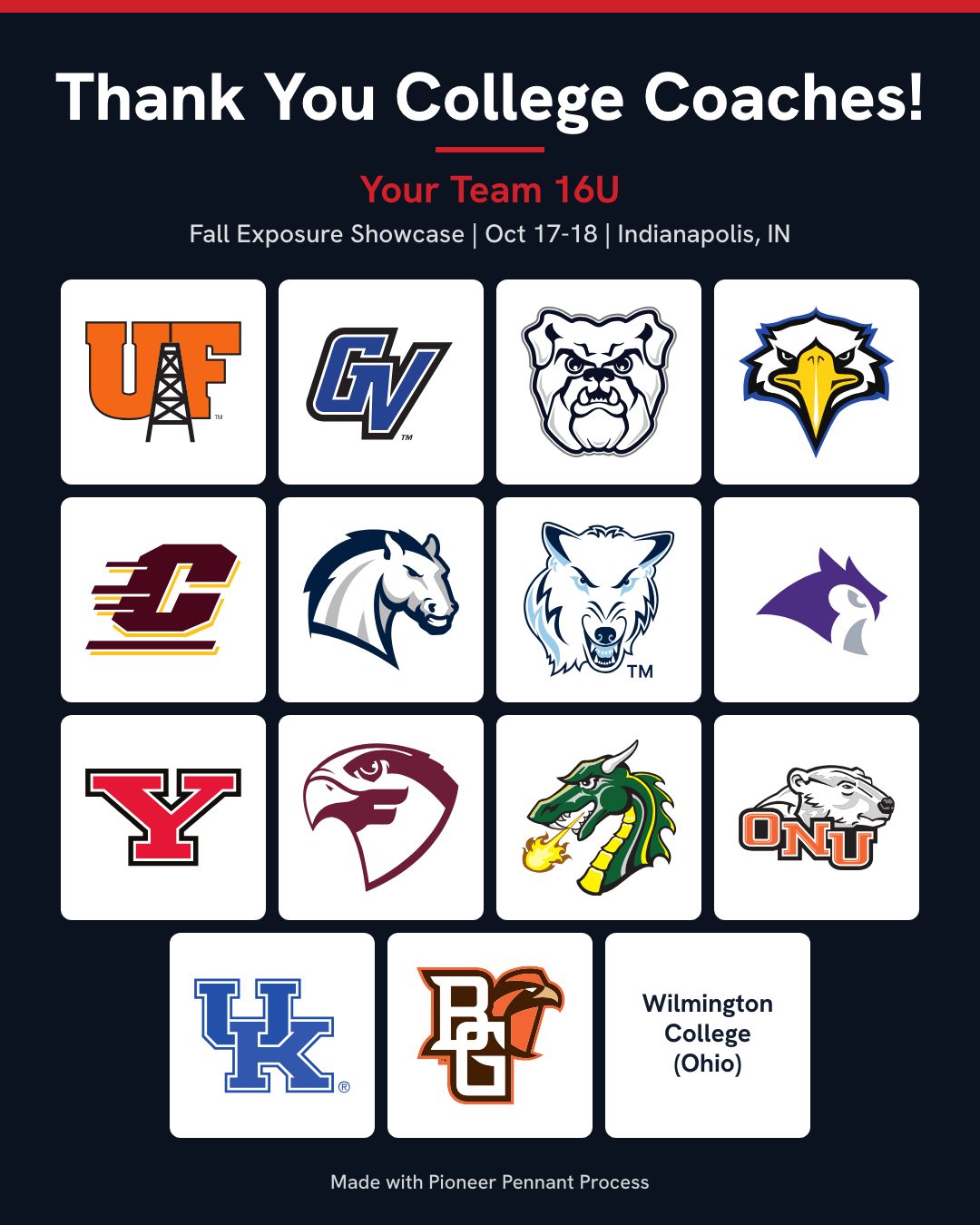 Sample Thank You College Coaches picture for a made-up team, with the logos of the fifteen colleges that came to a fall showcase