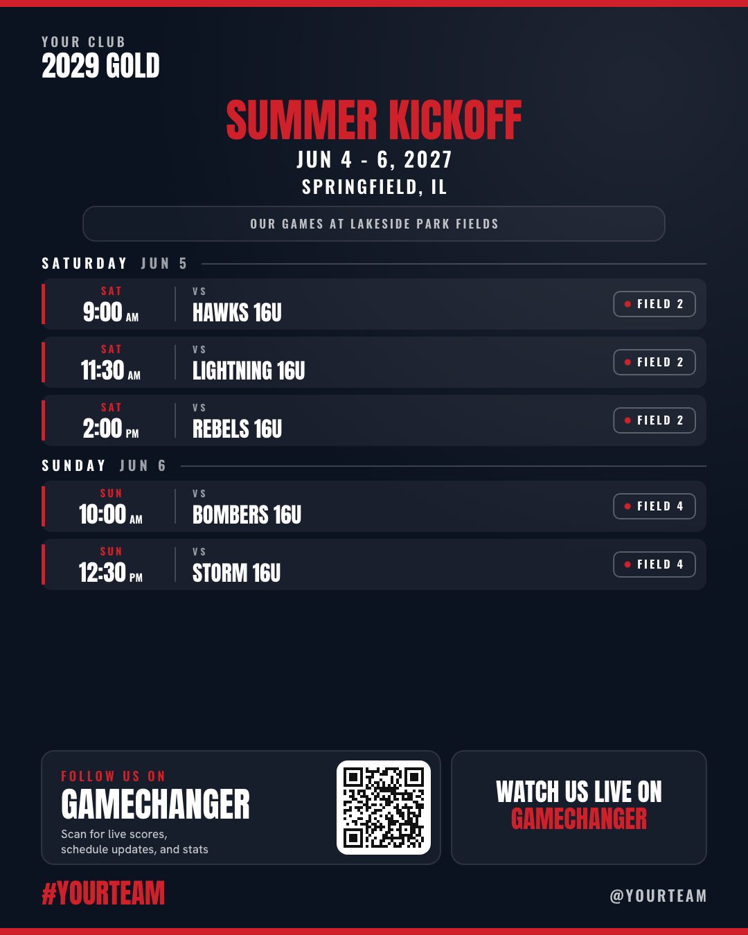 Sample tournament flyer for a made-up team: five games over two days with times, opponents, and fields